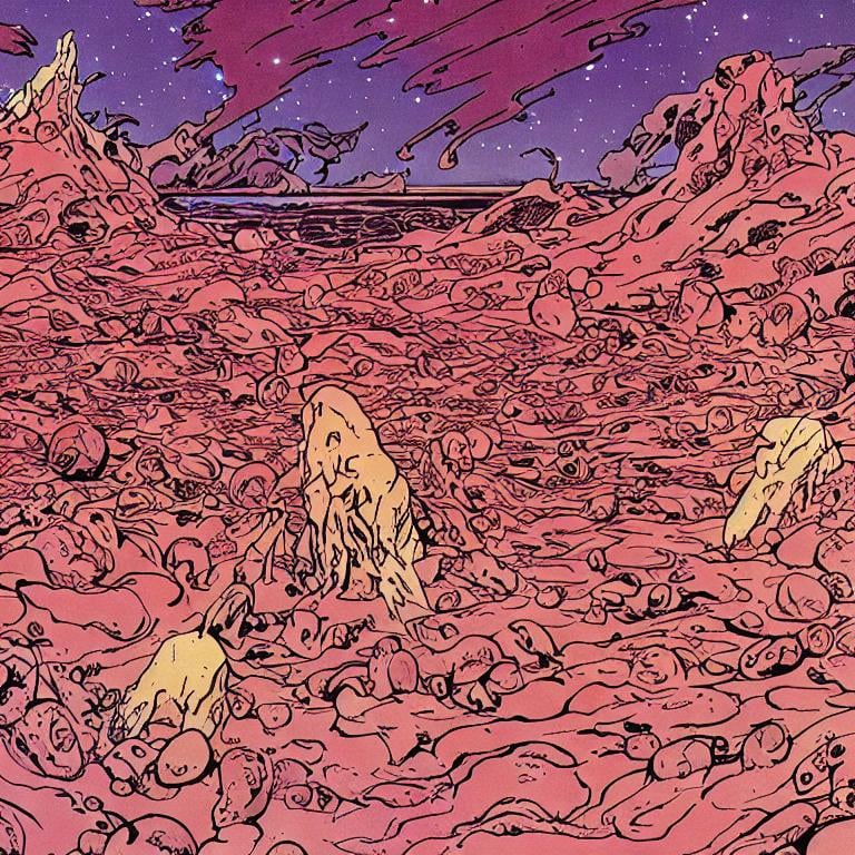 Prompt: Comic style, Moebius, cosmic landscape made of bloody human flesh