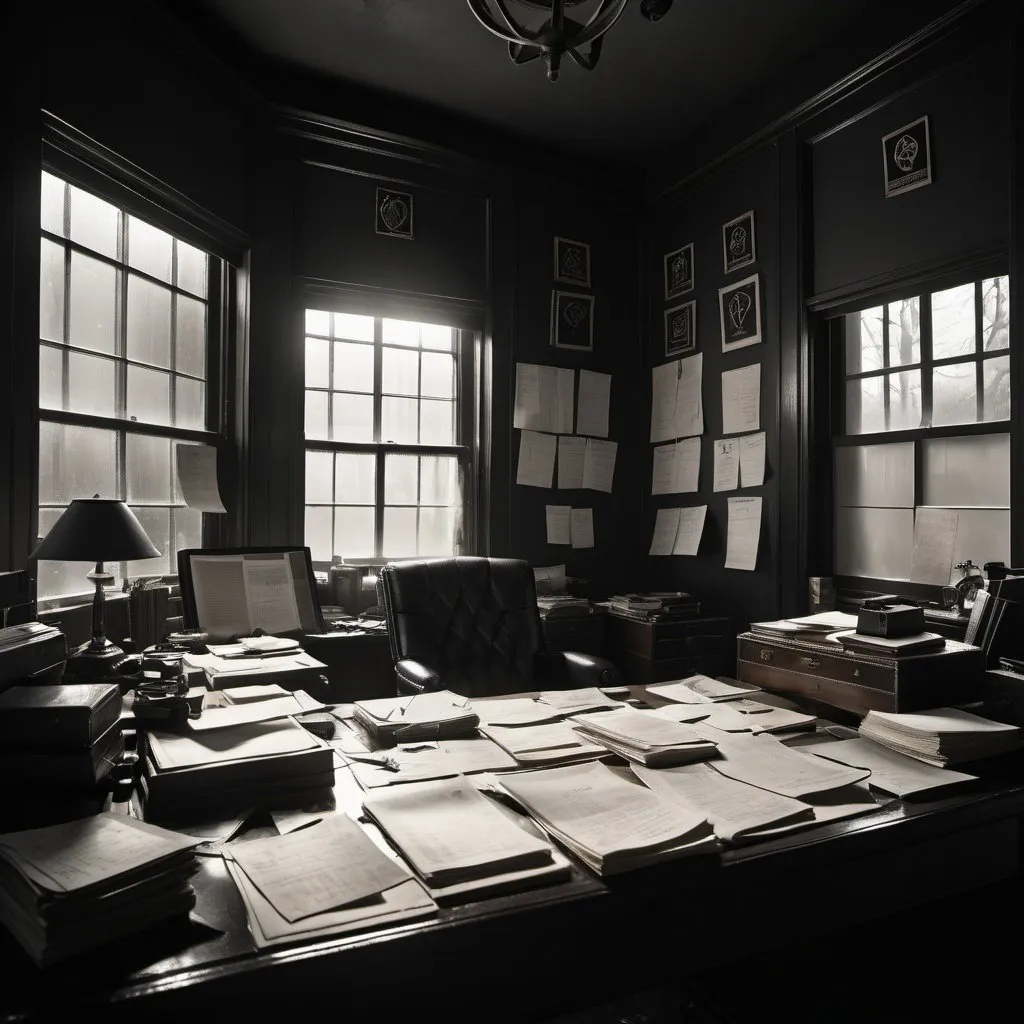 Prompt: An office of a paranoid man, with moonlight shining through the window, noir, mystic symbols on the walls, papers scattered