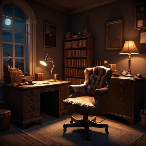 Prompt: A cozy detective’s office with desk with lamps on it, and an armchair, at night.