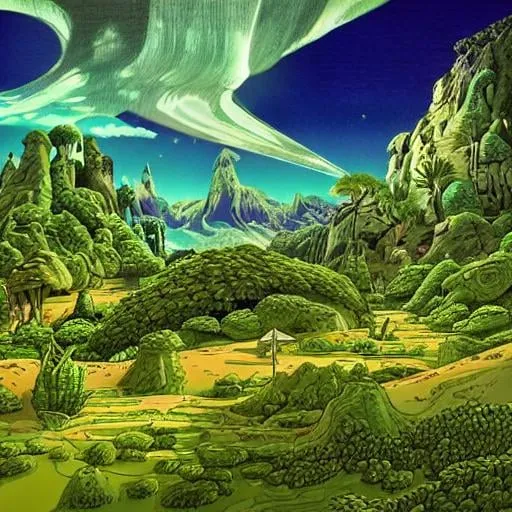 Prompt: Green alien paradise under an emerald sky, landscape, in style of Moebius