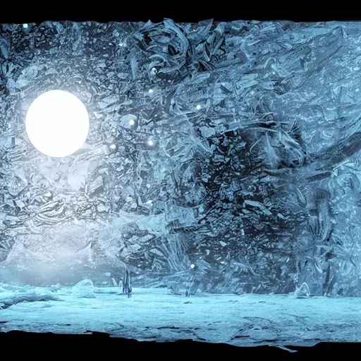 Prompt: An alien moon encased in ice, landscape view, with a titanic creature under the ice, Moebius style