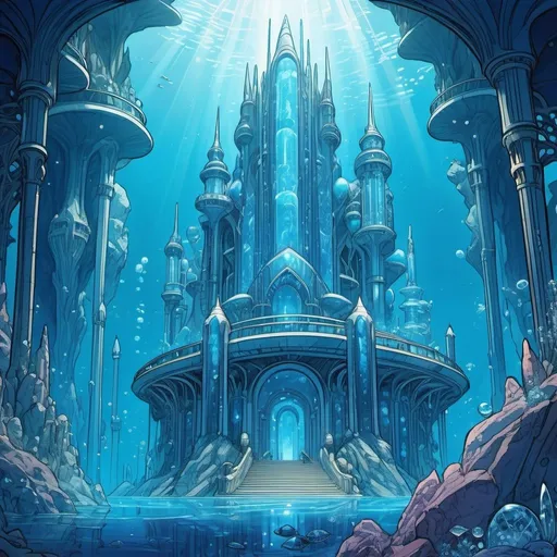 Prompt: An underwater intense blue sci fi palace with many towers and huge crystals between them, art nouveau, in the style of Moebius, manga, cel shaded comic illustration 