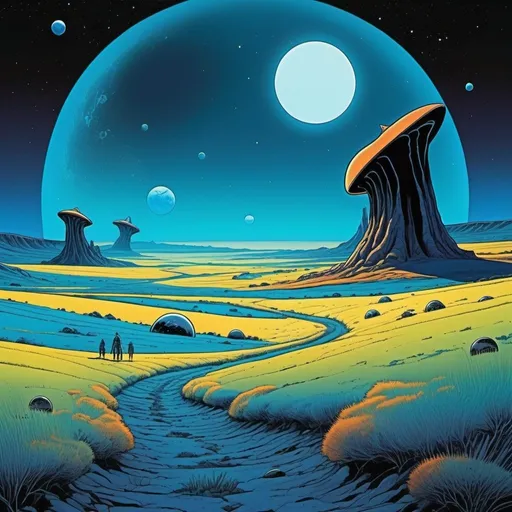 Prompt: Eerie alien landscape, comic book style, cel shaded, planets in the sky, Moebius style, blue grassland, hills