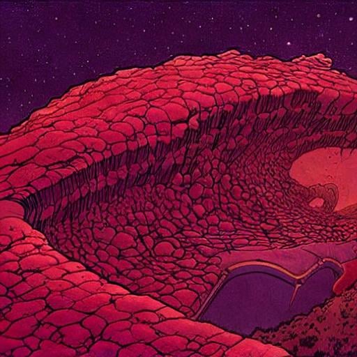 Prompt: Comic style, Moebius, cosmic landscape made of bloody human flesh, illustration, celshaded, bio punk