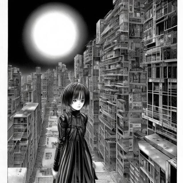 Prompt: Dark sci fi city, dark, black and white, Manga, Junji Ito