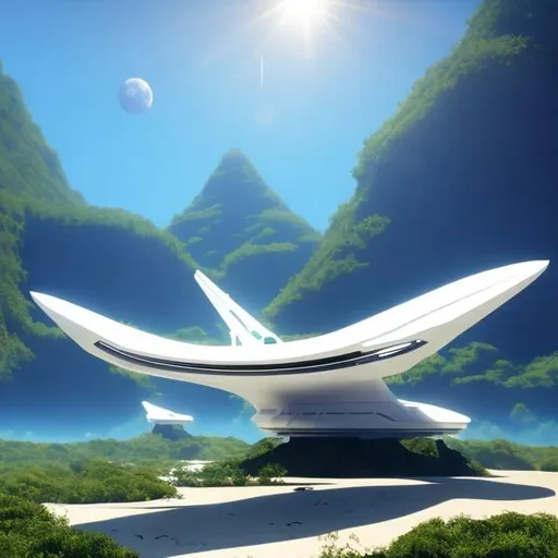 Prompt: A white fantasy starship over a jungle planet Final Fantasy