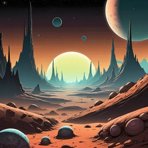 Prompt: Eerie alien landscape, comic book style, cel shaded, planets in the sky