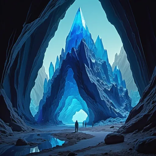 Prompt: Blue crystal cave on an alien planet, in style of Moebius