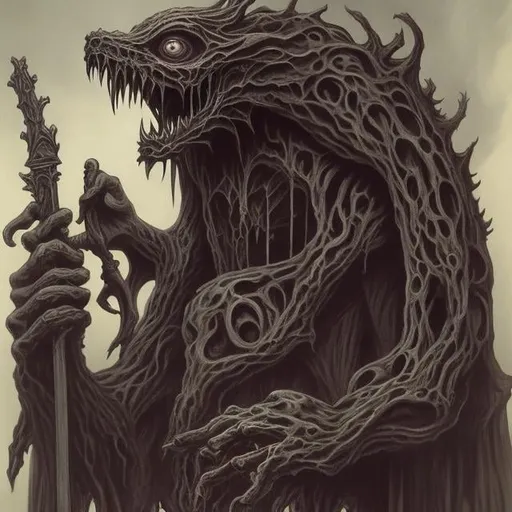 Prompt: A Gothic monster.  It has a humanoid shape, but misshapen hands and with a long neck ending in a cluster of eyes. It holds an axe in one of its hands. Video game art, gothic art, well detaile