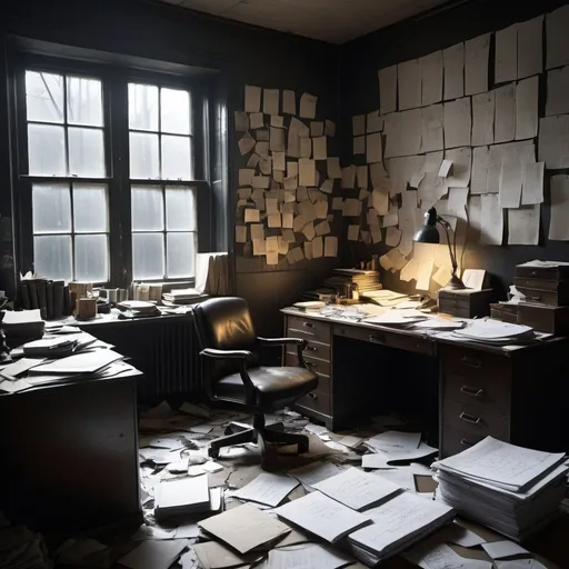 Prompt: An grimy, untidy office of a paranoid man, with moonlight shining through the window, noir, mystic symbols scrawled on the walls, papers scattered