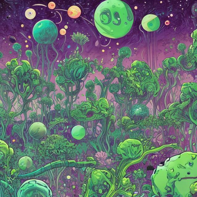 Prompt: A lush garden in outer space, tended by weird plant-like aliens, comic book style