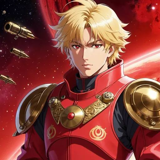Prompt: Anime space khan, young man with blond hair and red eyes, in a crimson space suit decorated with brass bullet casings and Mongol script