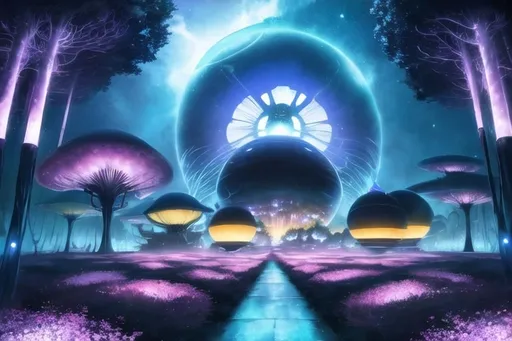 Prompt: An alien settlement of spherical houses suspended in blue forest canopy, with rickety bridges between them, with mysterious lights  in houses, psychedelic imagery, in style of Moebius