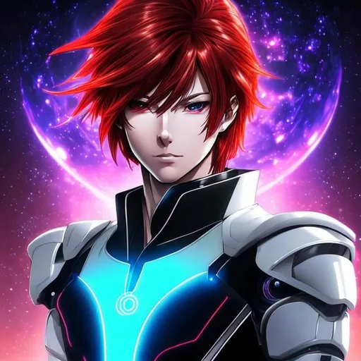 Prompt: A young lithe anime man with long red hair and cybernetic implants. He has pale skin and black eyes. He wear a suit of futuristic armor covered with glyphs. He stands in the middle of oriental hall on a spaceship.
rpg. rpg art. 2d art. 2d. comic art, comics art, very well drawn faces. extremely detailed.