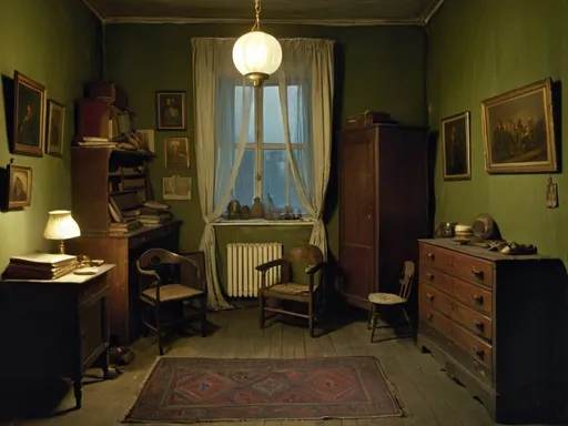 Prompt: A room in an apartment of a Russian philosopher at the beginning of the 20th century, dimly lit at the late evening. Everything is cluttered. The furniture is cheap and gives a reflection of genteel poverty.