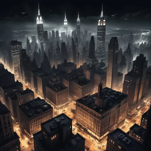 Prompt: Noir dieselpunk New York City at night, with countless flying machines coursing around giant skyscrapers