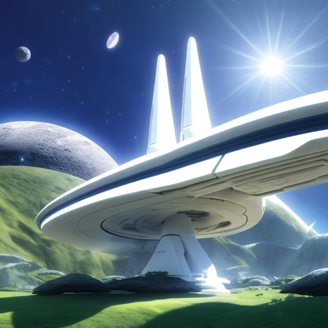 Prompt: A white fantasy starship over a jungle planet Final Fantasy