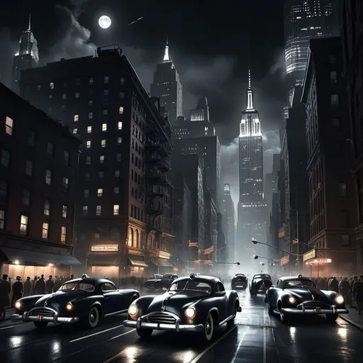 Prompt: Noir dieselpunk New York City at night, with countless flying cars coursing around giant skyscrapers