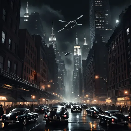 Prompt: Noir dieselpunk New York City at night, with countless flying cars coursing around giant skyscrapers