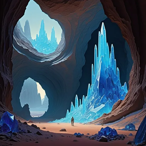 Prompt: Blue crystal cave on an alien planet, in style of Moebius