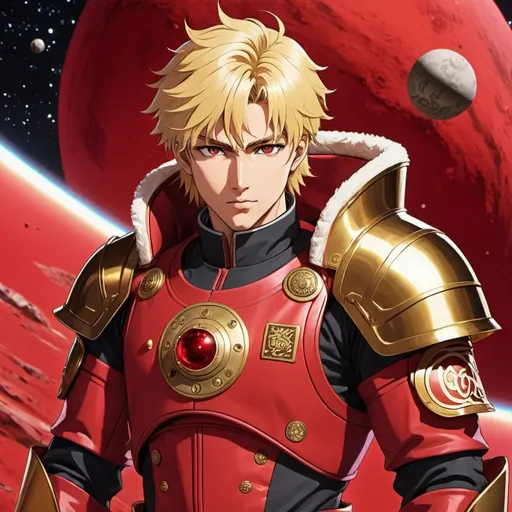 Prompt: Anime space khan, young man with blond hair and red eyes, in a crimson space suit decorated with brass bullet casings and Mongol script