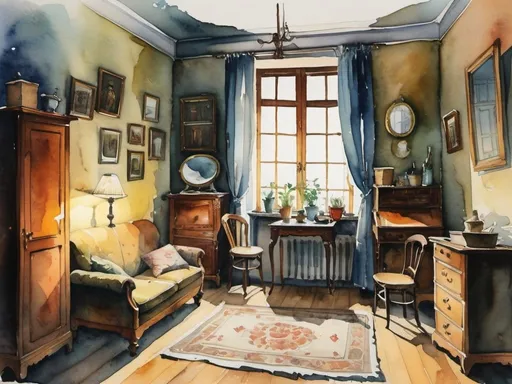 Prompt: A room in an apartment of a Russian philosopher at the beginning of the 20th century, dimly lit at the late evening. Everything is cluttered. The furniture is cheap and gives a reflection of genteel poverty. The image is in style of watercolor.
