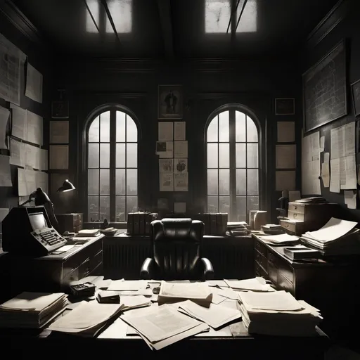 Prompt: An office of a paranoid man, with moonlight shining through the window, noir, mystic symbols on the walls, papers scattered