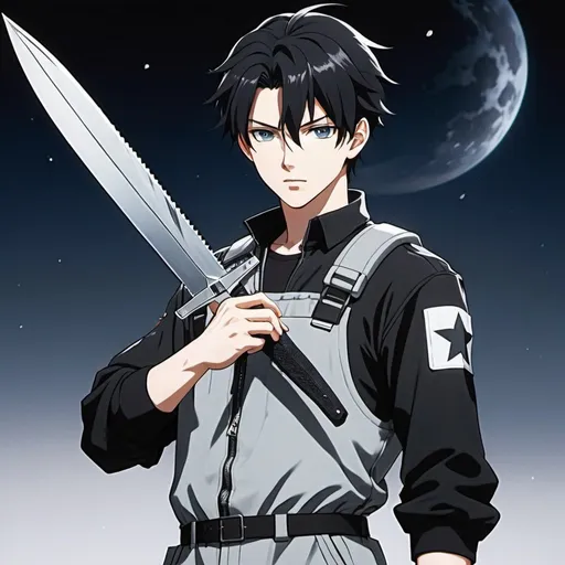 Prompt: An anime male youth with ghostly icy pale eyes, pale skin, shoulder-length jet-black hair, dressed in gray space overall, holding a combat knife