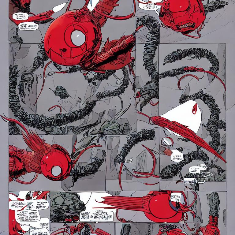 Prompt: Moebius comic, a creature with a gray spherical body and multiple tentacles with red tips, with an eye on each tentacle