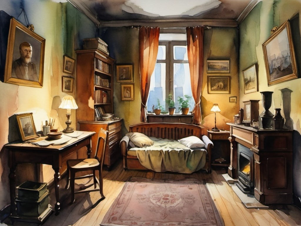 Prompt: A room in an apartment of a Russian philosopher at the beginning of the 20th century, dimly lit at the late evening. Everything is cluttered. The furniture is cheap and gives a reflection of genteel poverty. The image is in style of watercolor.