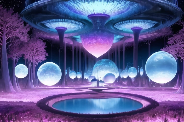 Prompt: An alien settlement of spherical houses suspended in blue forest canopy, with rickety bridges between them, with mysterious lights  in houses, psychedelic imagery, in style of Moebius