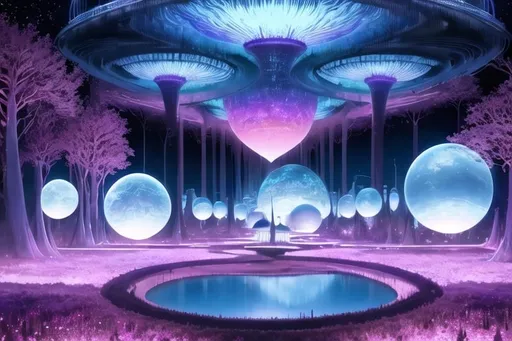 Prompt: An alien settlement of spherical houses suspended in blue forest canopy, with rickety bridges between them, with mysterious lights  in houses, psychedelic imagery, in style of Moebius