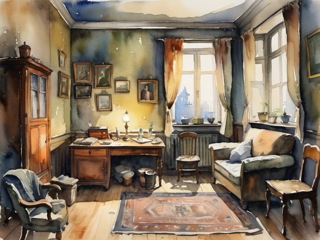 Prompt: A room in an apartment of a Russian philosopher at the beginning of the 20th century, dimly lit at the late evening. Everything is cluttered. The furniture is cheap and gives a reflection of genteel poverty. The image is in style of watercolor.