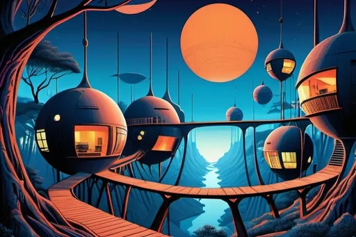 Prompt: Alien settlement of spherical clay primitive houses, suspended in blue forest canopy, rickety bridges, mysterious lights, psychedelic imagery, Moebius-style comic illustration, high quality, detailed, surreal, psychedelic, forest setting, alien architecture, clay material, suspended houses, rickety bridges, mysterious lights, Moebius style, comic illustration, vibrant colors, atmospheric lighting