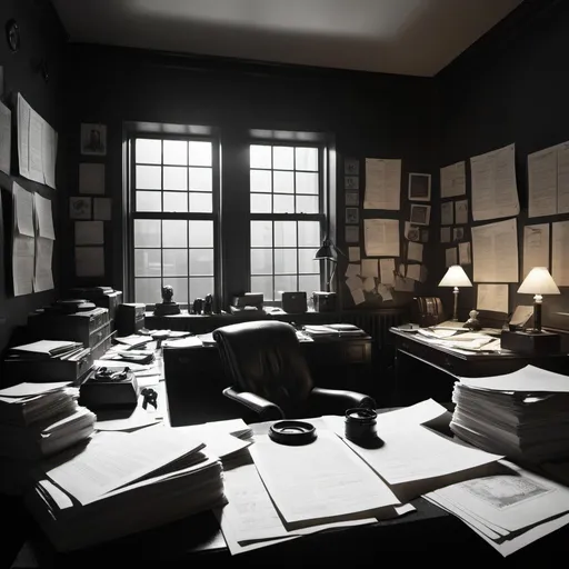 Prompt: An office of a paranoid man, with moonlight shining through the window, noir, mystic symbols on the walls, papers scattered