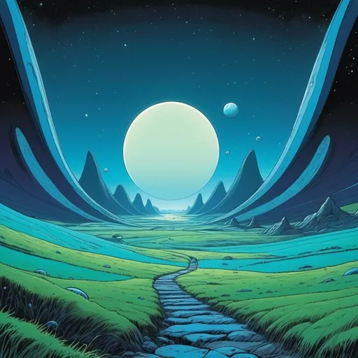 Prompt: Eerie alien landscape, comic book style, cel shaded, planets in the sky, Moebius style, blue grassland, hills