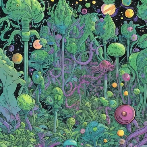 Prompt: A lush garden in outer space, tended by weird plant-like aliens, comic book style