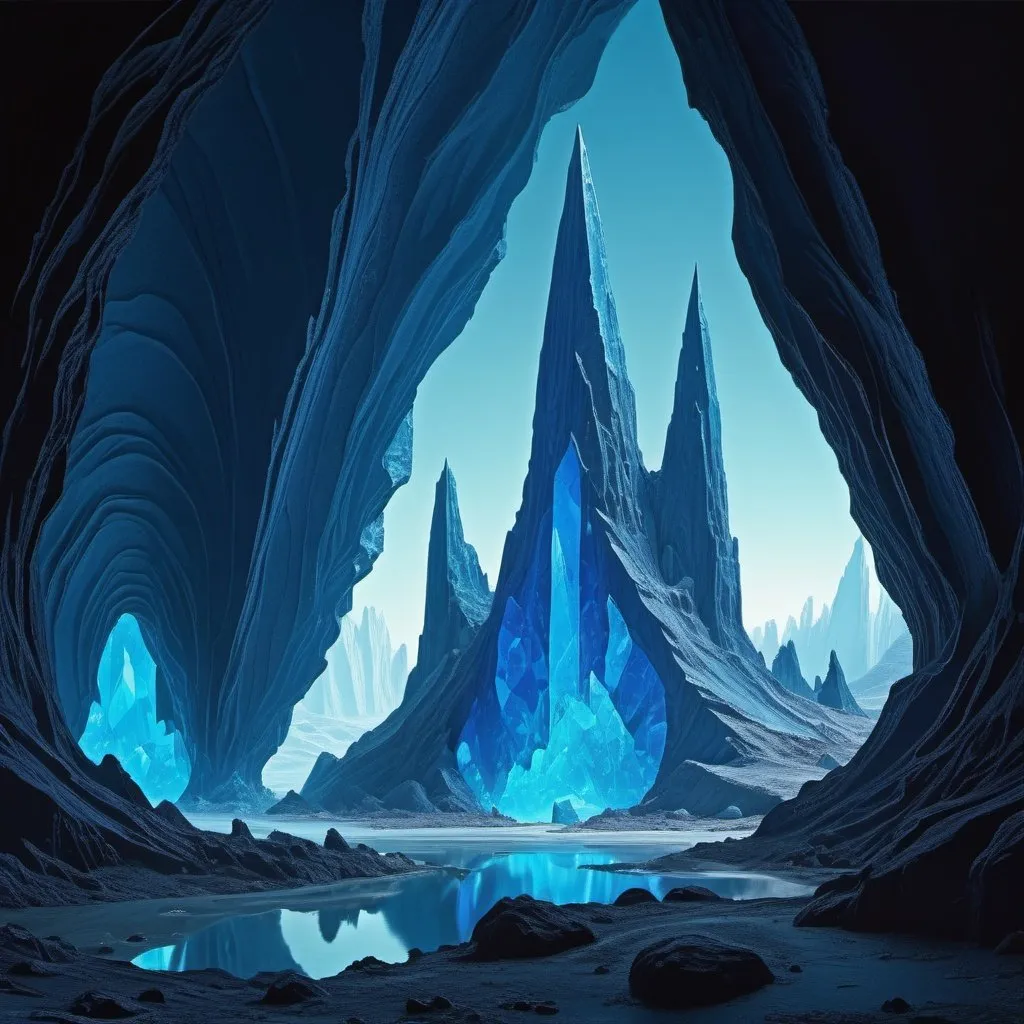 Prompt: Blue crystal cave on an alien planet, in style of Moebius