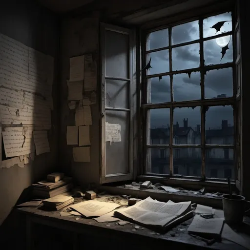 Prompt: Dirty, untidy, Room of madness and paranoia, modern gothic, night, simple dirty window, writing on the walls
