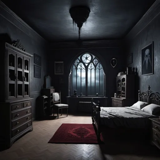 Prompt: Room of madness and paranoia, modern gothic, night
