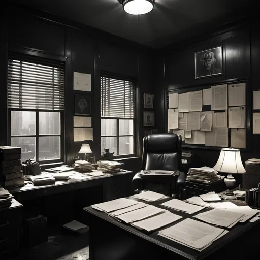Prompt: An office of a paranoid man, with moonlight shining through the window, noir, mystic symbols on the walls, papers scattered
