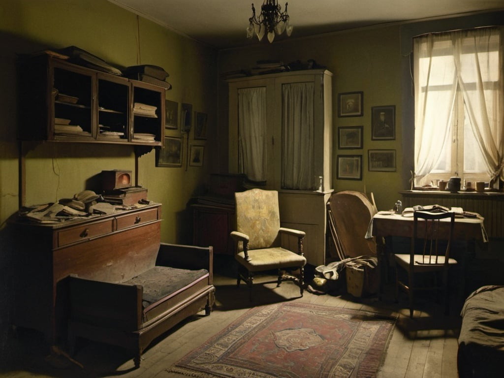 Prompt: A room in an apartment of a Russian philosopher at the beginning of the 20th century, dimly lit at the late evening. Everything is cluttered. The furniture is cheap and gives a reflection of genteel poverty.