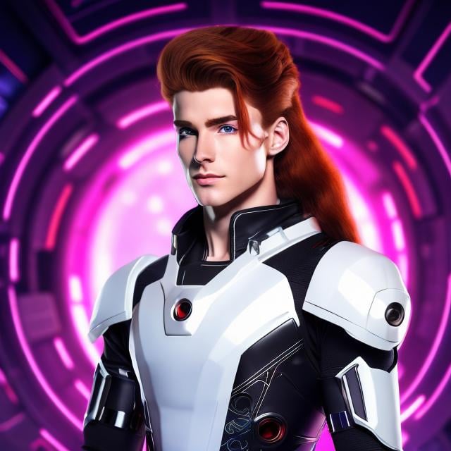 Prompt: A young lithe masculine white man with long red hair and cybernetic implants. He has pale skin and black eyes. He wear a suit of futuristic armor covered with glyphs. He stands in the middle of oriental hall on a spaceship.
rpg. rpg art. 2d art. 2d. comic art, comics art, very well drawn faces. extremely detailed.