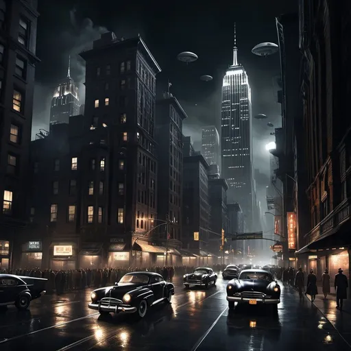 Prompt: Noir dieselpunk New York City at night, with countless flying cars coursing around giant skyscrapers