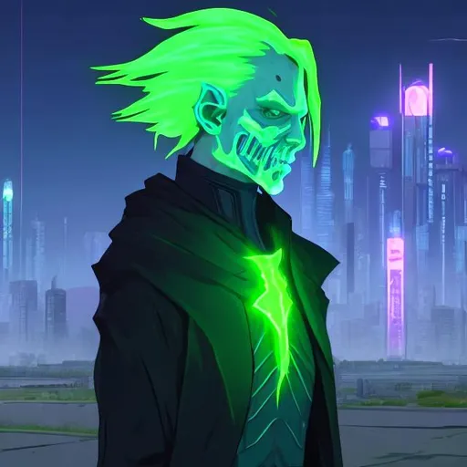 Prompt: male undead wizard, with pale skin in cyberpunk clothes. Glowing green digital displays float around him while he drinks radioactive waste.