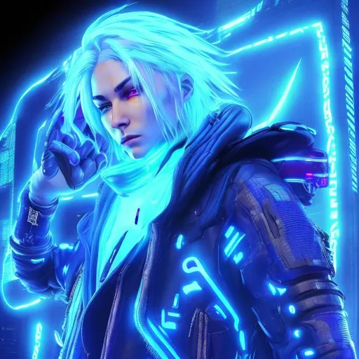 Prompt: An aggressive female cyberpunk has white hair and blue eyes she is wearing futuristic clothing with large, padded gloves.  Her hair is wavy, heavy, curly and in a ponytail. She has glowing marks going up and down her skin. glowing tattoos on a soft humanish face