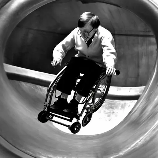 Prompt: Stephen Hawking in his wheel chair going down the incline of a vert pipe.