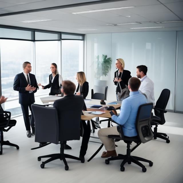 Prompt: A normal business meeting occurs. The viewpoint is of the boss doing a presentation and speaking to several people in office chairs around a table.