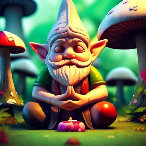 Prompt: a gnome meditating to expand his third eye. He sits criss-cross apple sauce on top of a large mushroom
