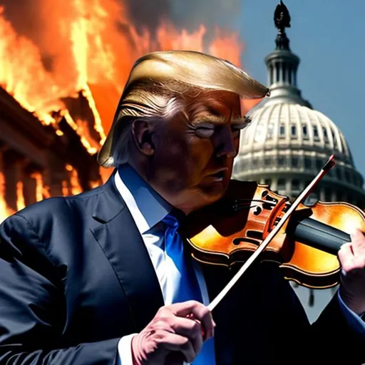 Prompt: donald trump playing the violin while the U.S. capitol building is on fire. Add fire to the building